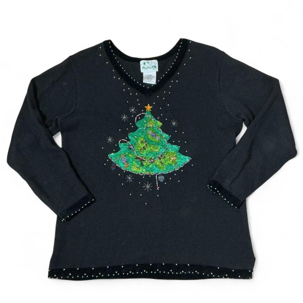 The Quacker Factory Christmas‎ Tree Beaded Novelty Embellished Holiday Sweater L